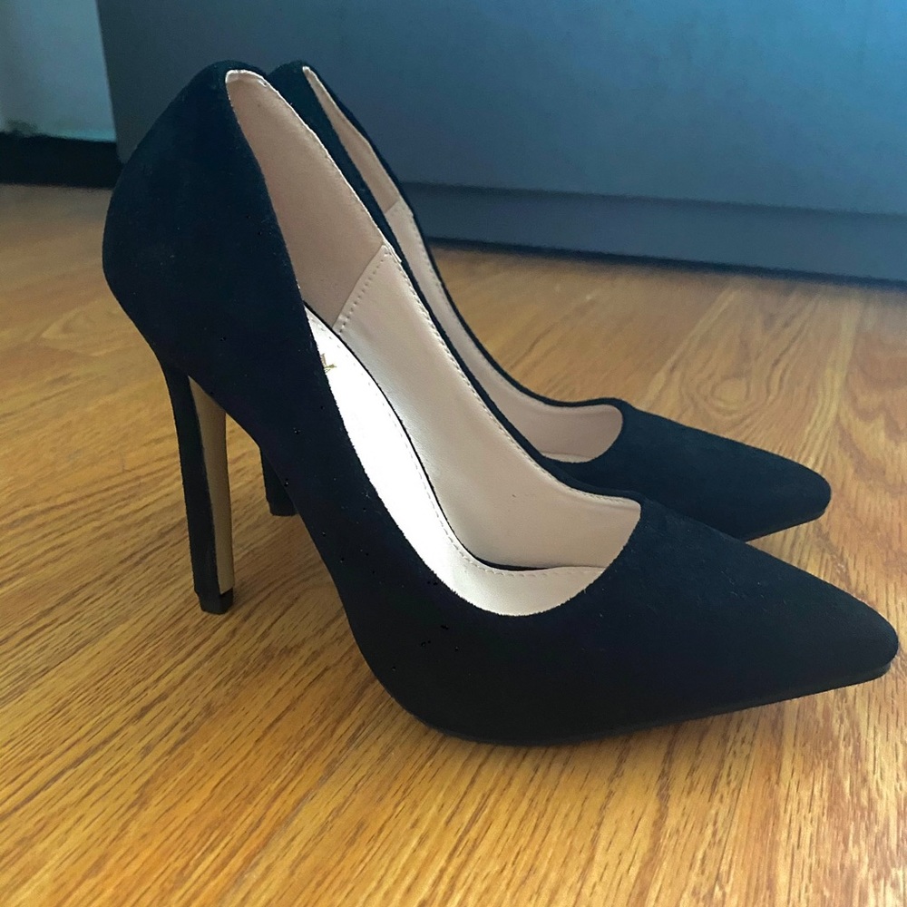 New black suede stiletto heels